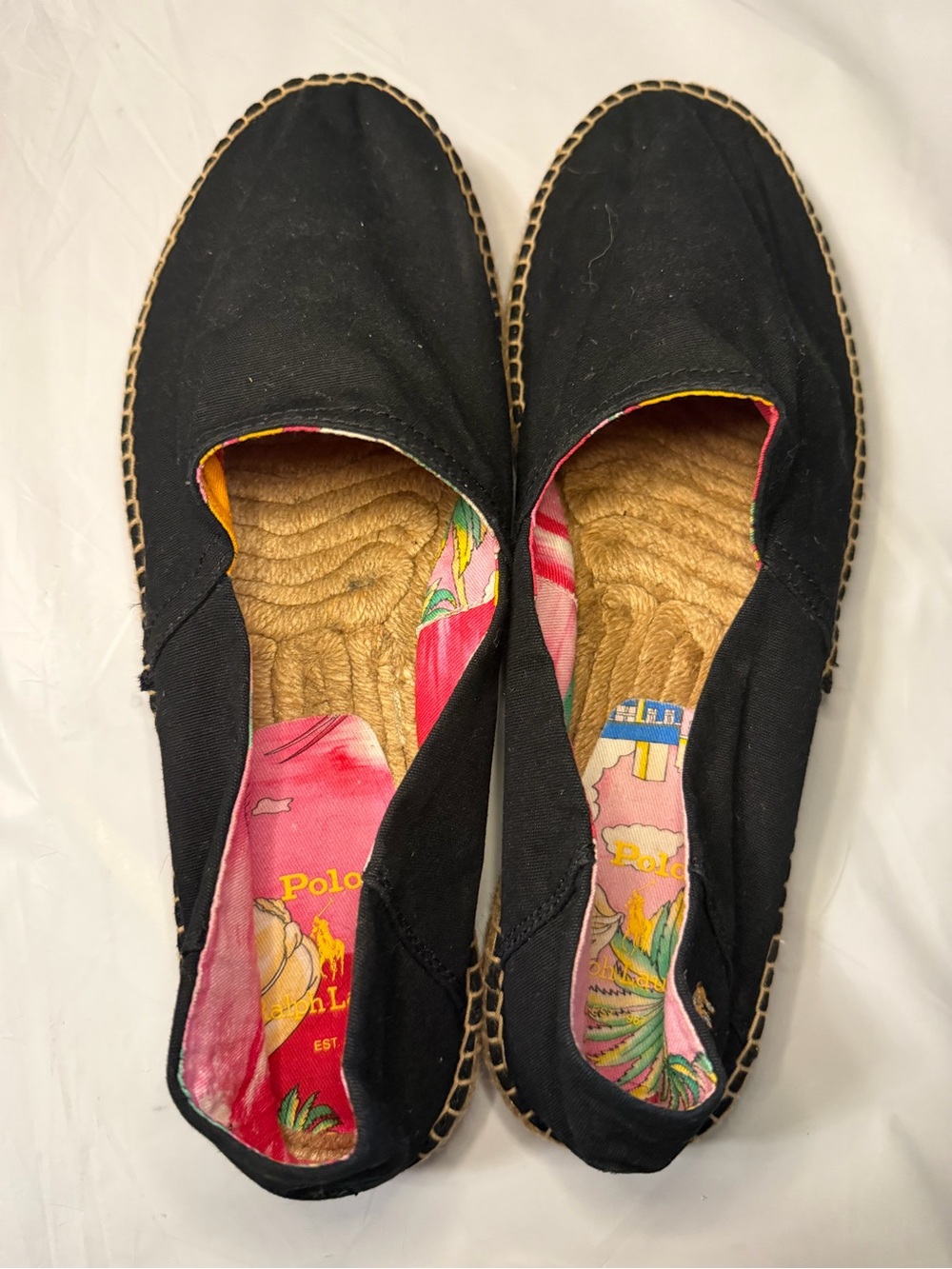 Polo by Ralph Lauren Black Canvas Espadrilles with Pink Printed Lining